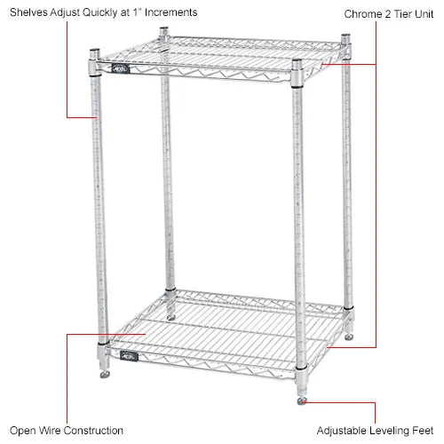 Nexel® 2 Shelf, Chrome Wire Shelving Unit, Starter, 24"W x 18"D x 34"H