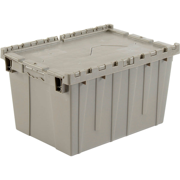 Plastic shipping container with attached lid