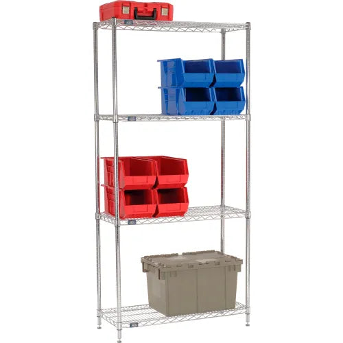 Nexel® 4 Shelf, Chrome Wire Shelving Unit, Starter, 36"W x 14"D x 86"H