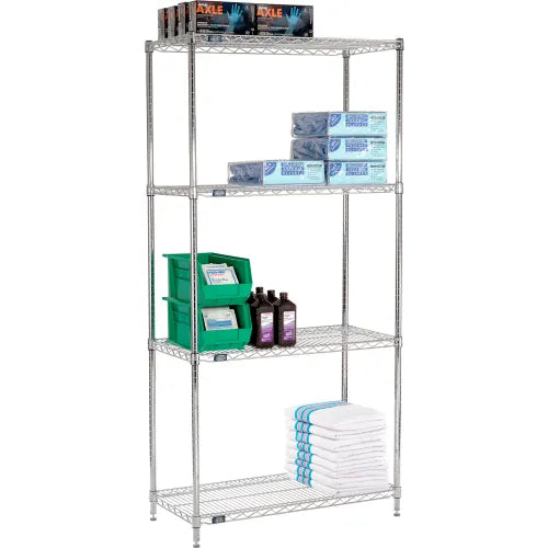 Nexel® 4 Shelf, Chrome Wire Shelving Unit, Starter, 36"W x 18"D x 86"H