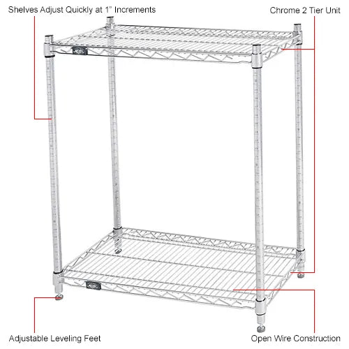 Nexel® 2 Shelf, Chrome Wire Shelving Unit, Starter, 30"W x 14"D x 34"H