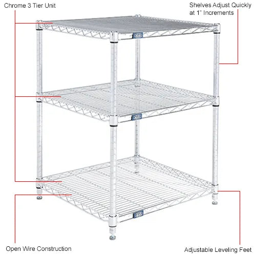 Nexel® 3 Shelf, Chrome Wire Shelving Unit, Starter, 24"W x 21"D x 34"H