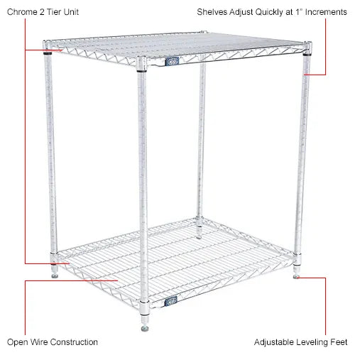 Nexel® 2 Shelf, Chrome Wire Shelving Unit, Starter, 30"W x 21"D x 34"H