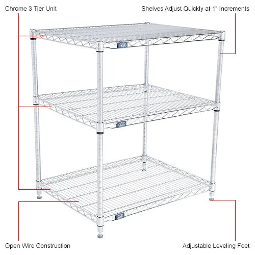 Nexel® 3 Shelf, Chrome Wire Shelving Unit, Starter, 30"W x 21"D x 34"H