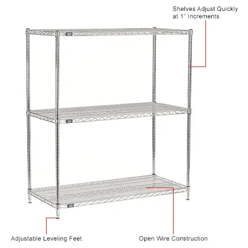 Nexel® 3 Shelf, Chrome Wire Shelving Unit, Starter, 54"W x 21"D x 54"H