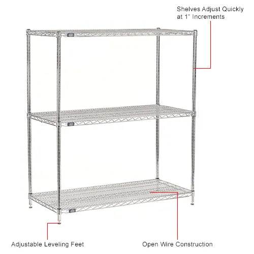 Nexel® 3 Shelf, Chrome Wire Shelving Unit, Starter, 48"W x 18"D x 54"H