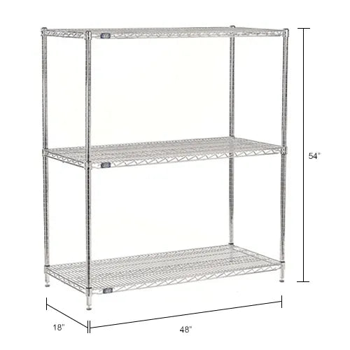 Nexel® 3 Shelf, Chrome Wire Shelving Unit, Starter, 48"W x 18"D x 54"H