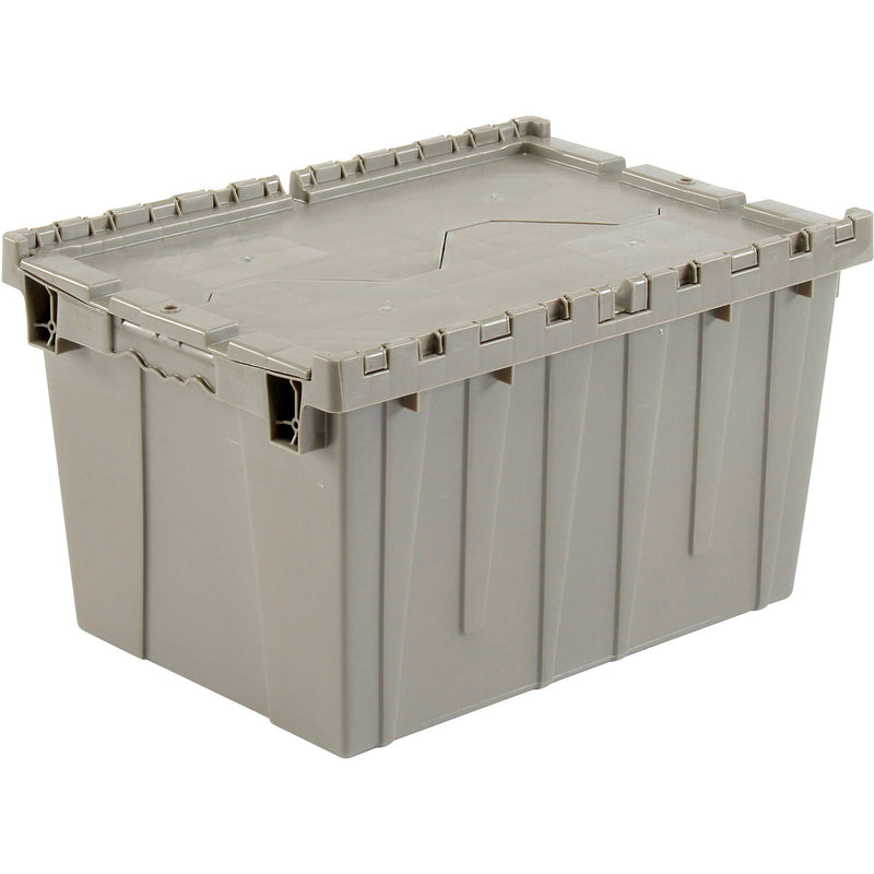 Plastic shipping container with attached lid